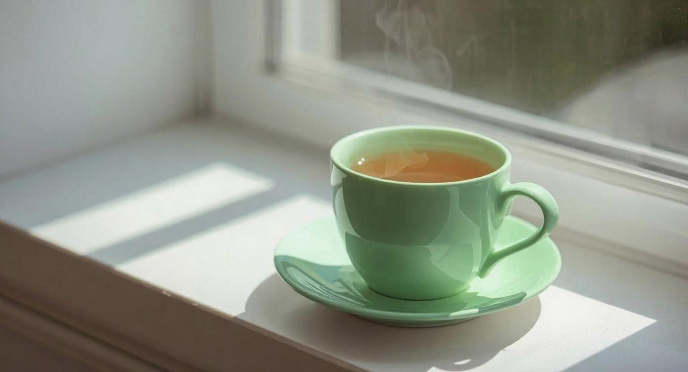 窓辺にハーブティーが入った緑のカップとソーサー