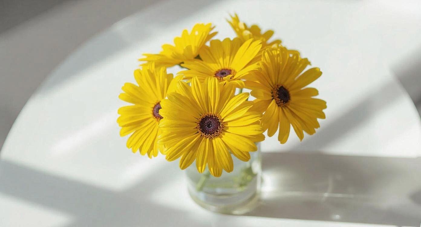 白いテーブルの上に黄色い花がいけられている花瓶